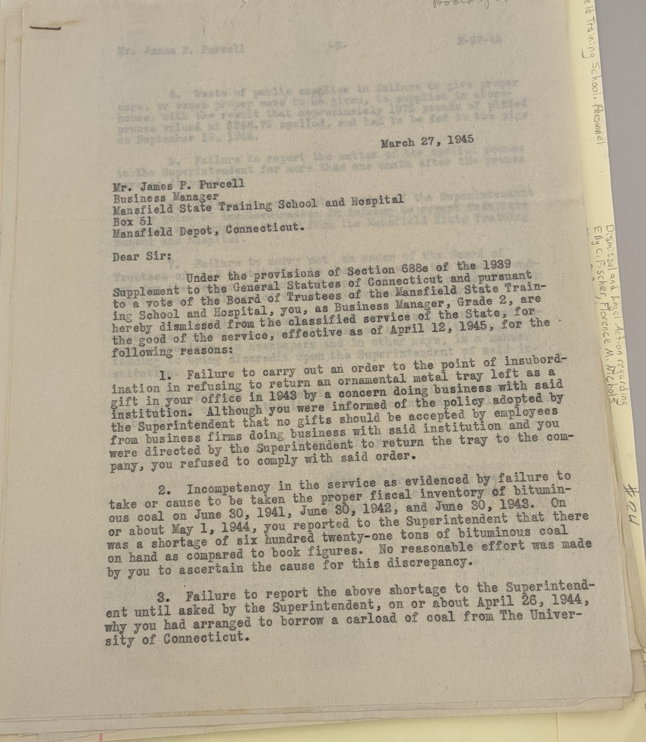Image displaying the termination letter of business manager James P. Purcell.