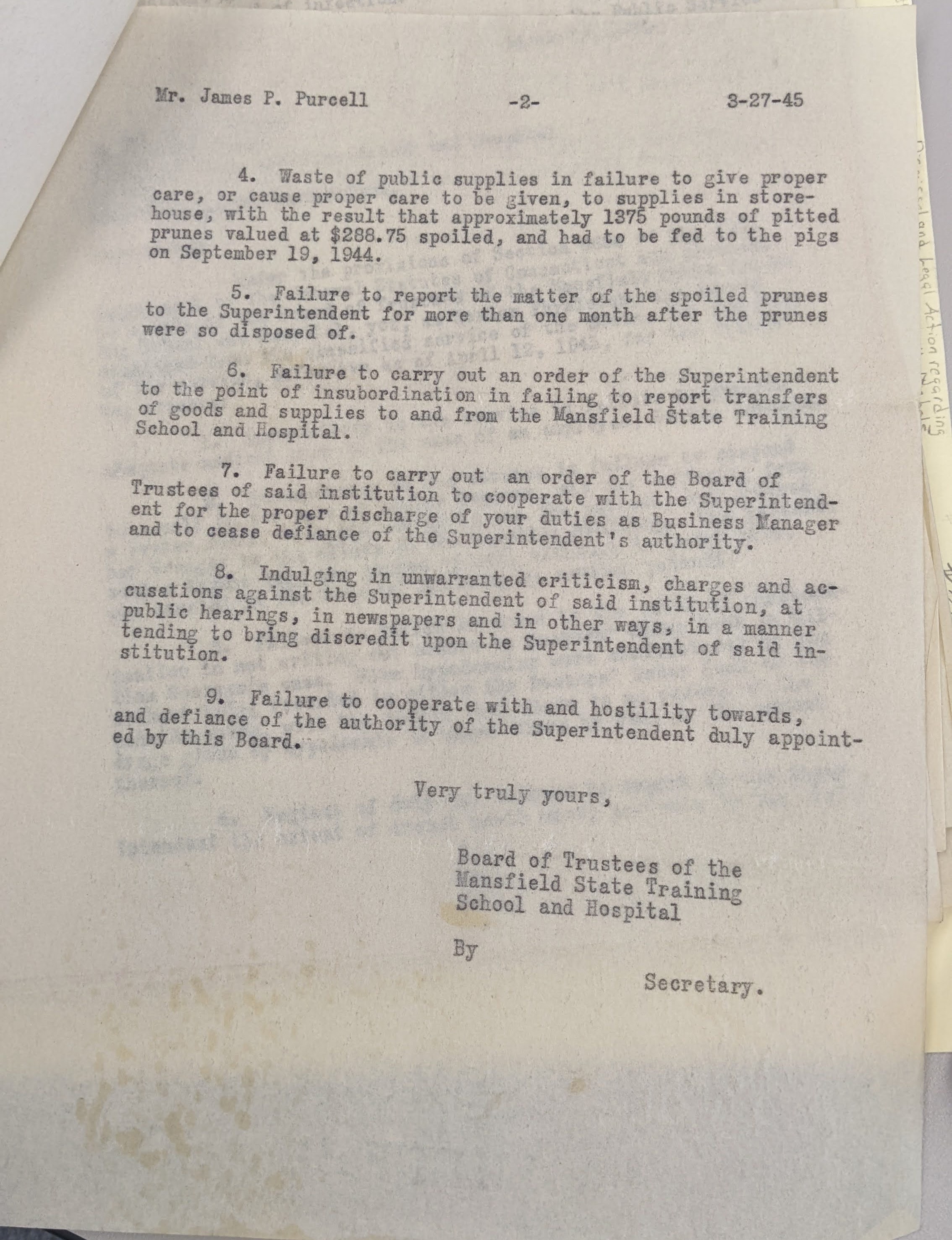 Image displaying the termination letter of business manager James P. Purcell.