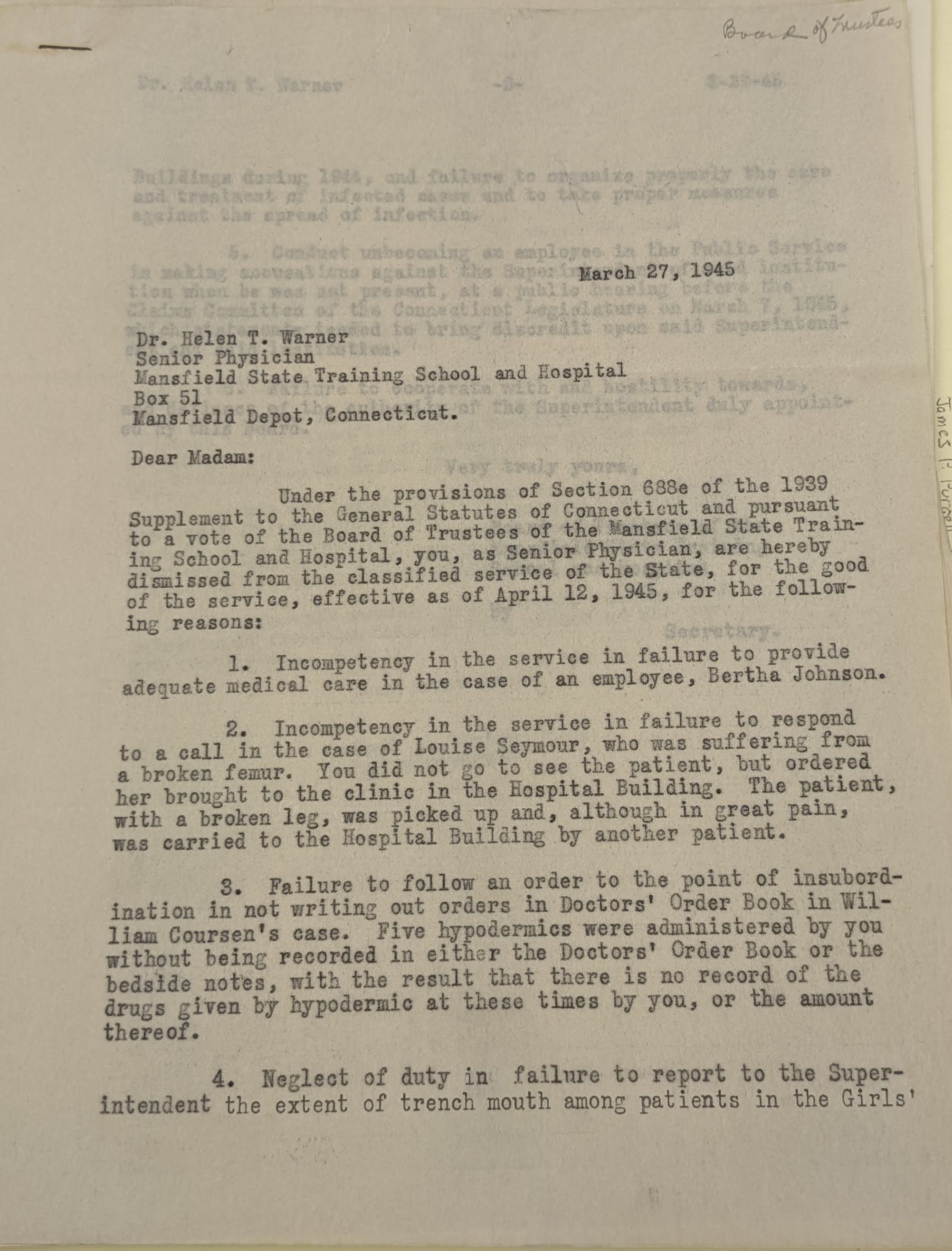 Termination letter of Dr. Helen T. Warner from the Mansfield Training School.
