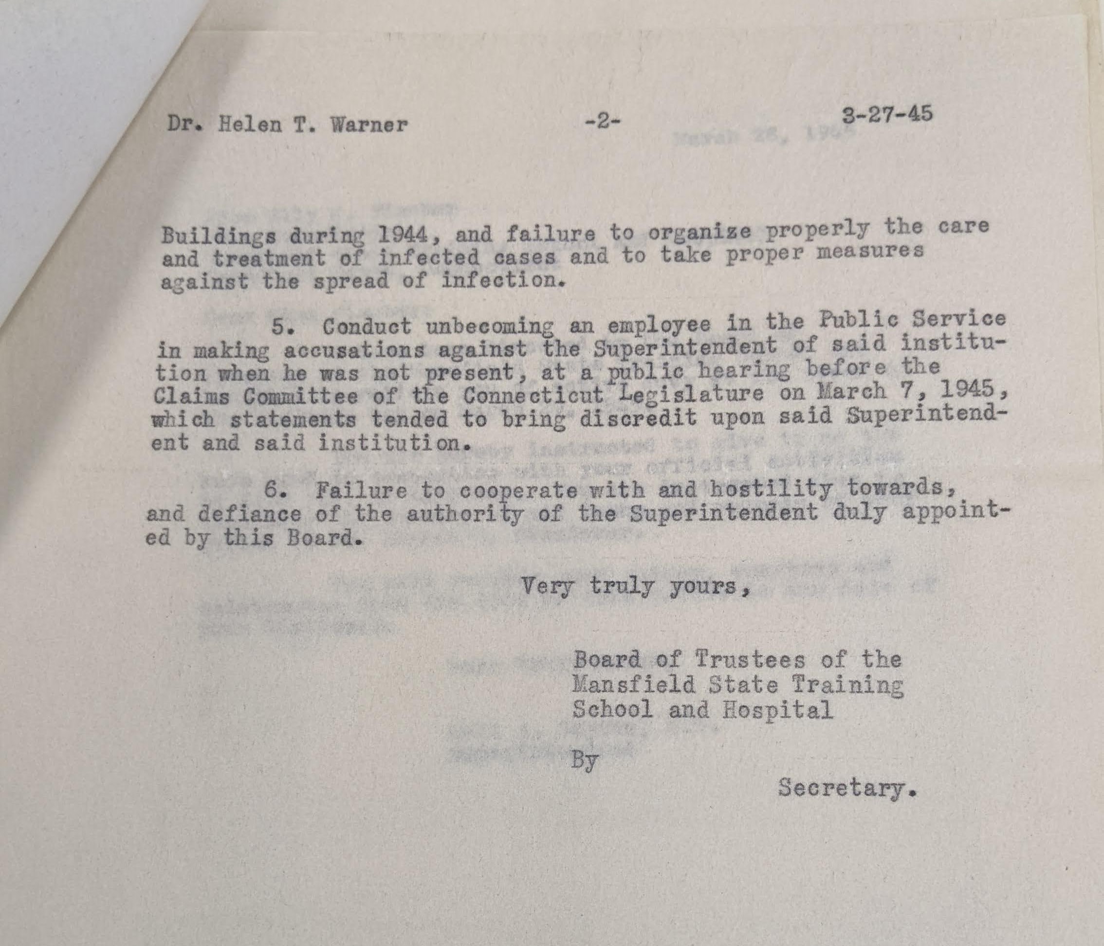 Continuation of the termination letter of Dr. Helen T. Warner.