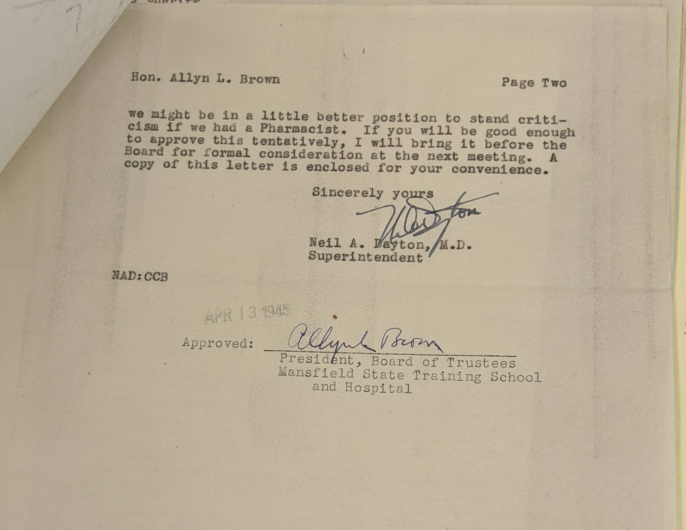 Follow-up page of Dayton’s letter requesting the hire of a pharmacist.