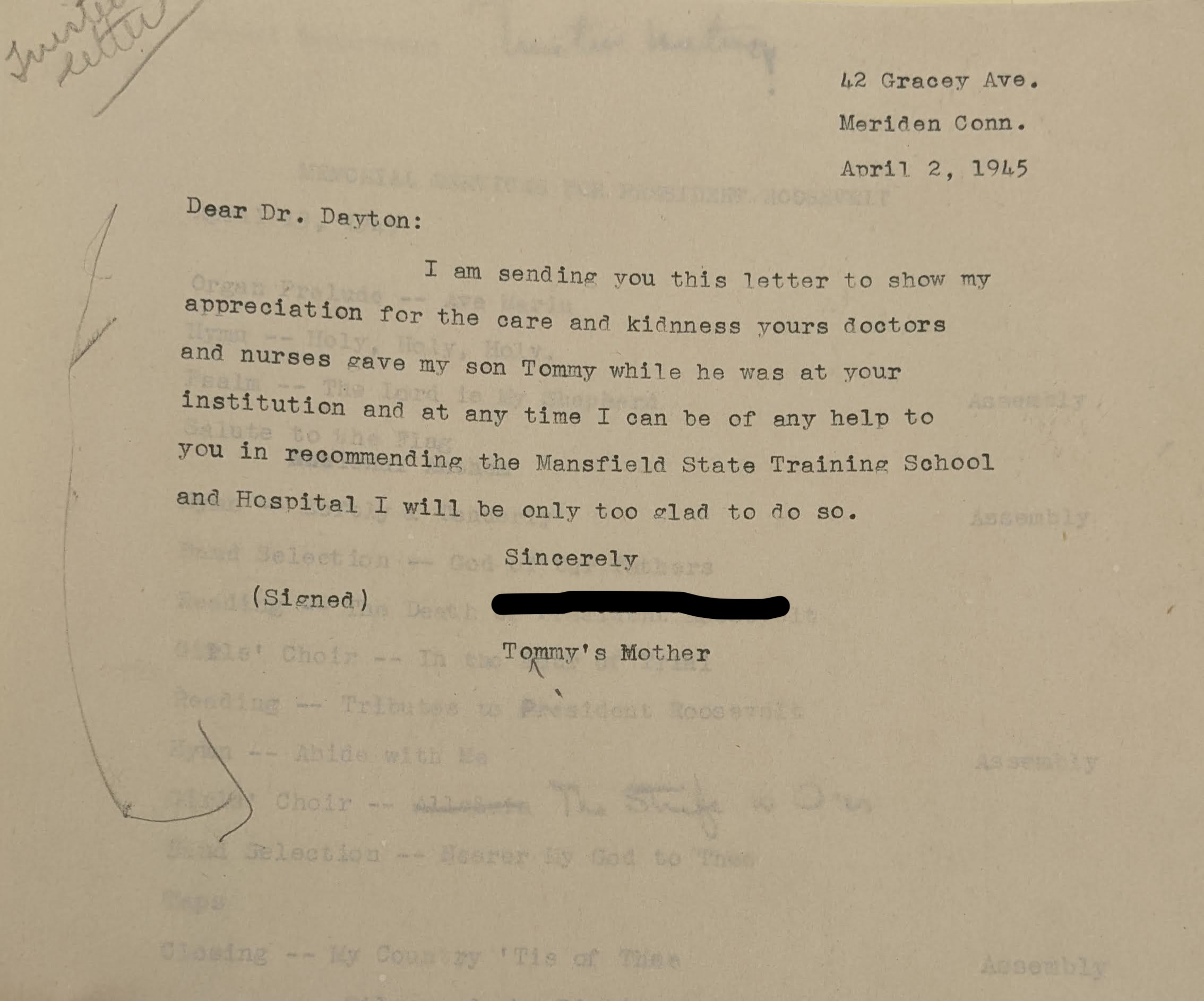 Image displaying a thank you note from Tommy’s mother.