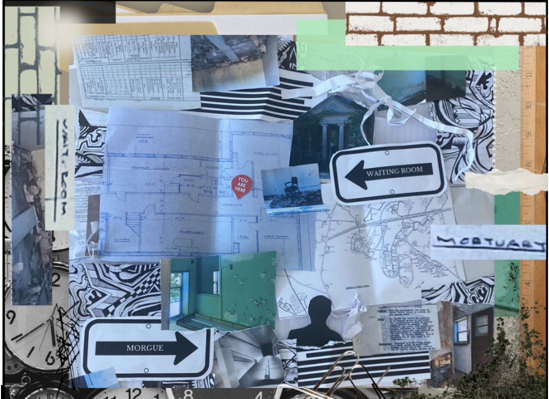 [Visual Description: A collage composed of both digital and physical materials. In the center of the collage is the blueprint for the basement of Knight Hospital, with a red “You Are Here” pin placed in the hallway between the waiting room and the mortuary. Surrounding this map are ink drawings that I doodled in my notebook while reflecting on the archives, crumpled pieces of paper, and photographs taken of the inside of the Longley School, and Superintendent’s House on site at Mansfield Training School. The oppressive mint green of the walls frames the collage, alongside images of manila folders, wooden rulers, metal paper clips, clocks, and climbing ivy. In the top left corner there is a photograph of the restraint logs found at the state archives. In the bottom right corner, there is a Massachusetts ruling about the treatment of those who die in institutions. The background of the collage is a textured mess of brick and paint and scribbles alongside redacted documentation.]